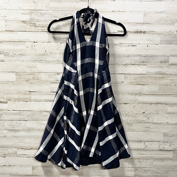 Eva Franco Linen Navy and White Checkered Halter Dress with Pockets - Picture 4 of 8